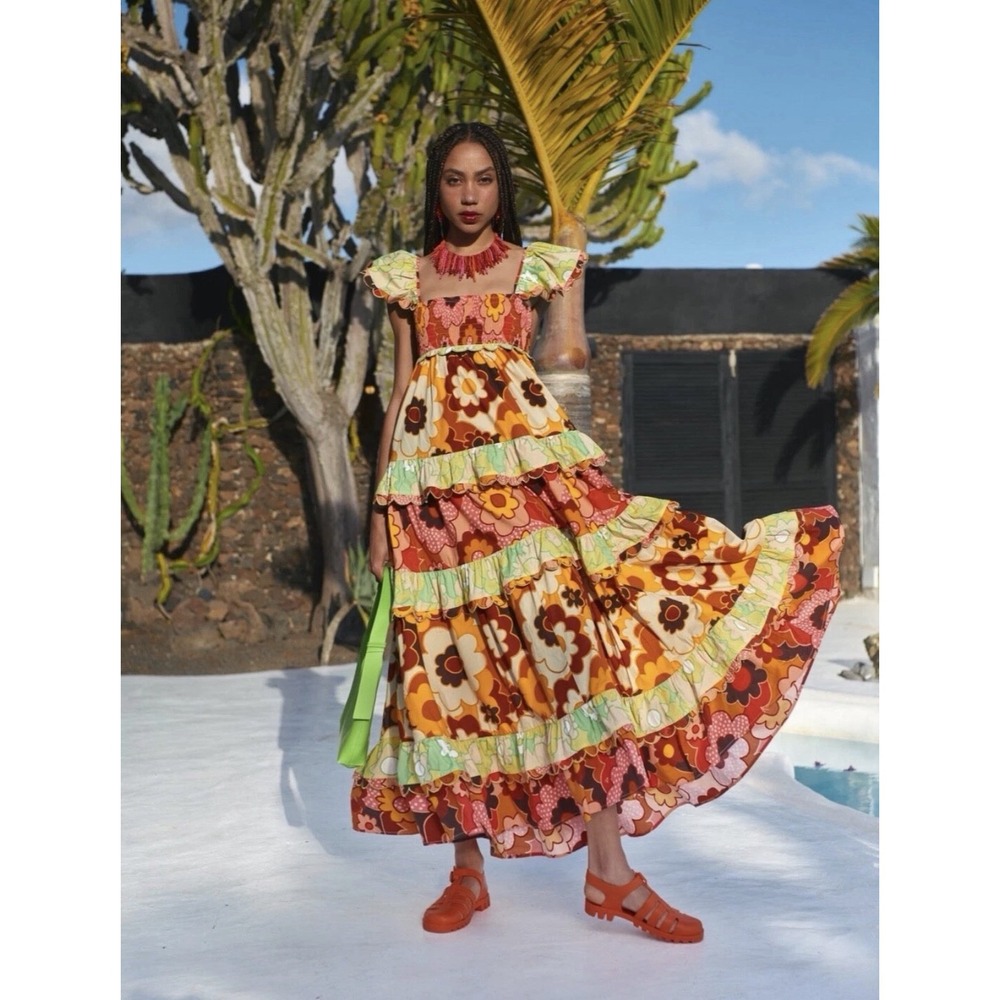 Celia B Peridot Dress Floral Tiered Maxi Dress Large Scalloped Ruffle Luxury Fun - Picture 15 of 16